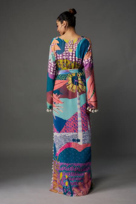 Shop PS Pret By Payal Singhal Purple Crepe Printed Tropical V Neck Long Kaftan at Aza Fashions Shop_PS Pret By Payal Singhal_Purple Crepe Printed Tropical V Neck Long Kaftan_at_Aza_Fashions
