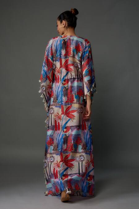 Shop PS Pret By Payal Singhal Red , Satin Tassels V-neck Mul Tropical Print Kaftan at Aza Fashions Shop_PS Pret By Payal Singhal_Red , Satin Tassels V-neck Mul Tropical Print Kaftan_at_Aza_Fashions