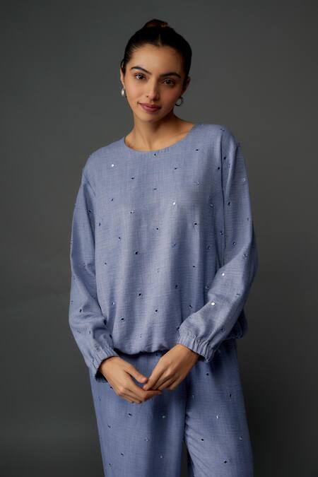 PS Pret By Payal Singhal_Grey Linen Mirrors Round Neck Soft Embroidered Top And Jogger Set_Online_at_Aza_Fashions