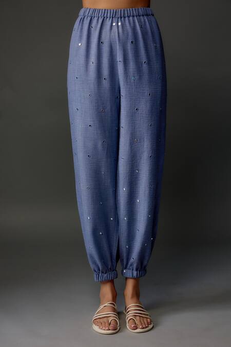 Buy_PS Pret By Payal Singhal_Grey Linen Mirrors Round Neck Soft Embroidered Top And Jogger Set_Online_at_Aza_Fashions