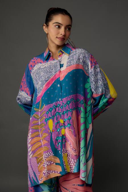 PS Pret By Payal Singhal_Purple Crepe Printed Tropical Collared Shirt And Pant Set_Online_at_Aza_Fashions