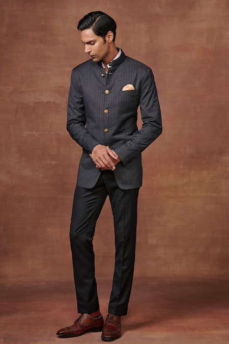 Raghavendra Rathore Jodhpur Black Wool Noir Stripe Pattern Bandhgala With Pant 