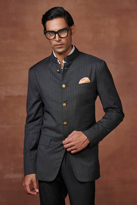 Raghavendra Rathore Jodhpur_Black Wool Noir Stripe Pattern Bandhgala With Pant _Online_at_Aza_Fashions