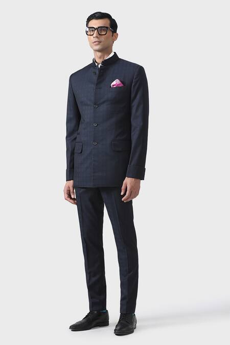 Raghavendra Rathore Jodhpur_Blue Wool Elite Elegance Handmade Bandhgala With Pant _Online_at_Aza_Fashions