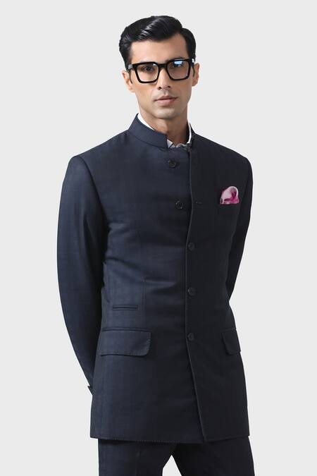 Shop_Raghavendra Rathore Jodhpur_Blue Wool Elite Elegance Handmade Bandhgala With Pant _Online_at_Aza_Fashions