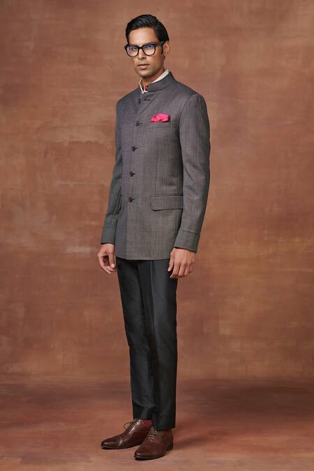 Shop_Raghavendra Rathore Jodhpur_Grey Wool Full Sleeve Bandhgala _Online_at_Aza_Fashions