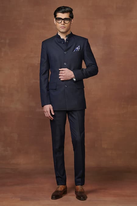 Raghavendra Rathore Jodhpur_Blue Wool The Bespoke Bandhgala With Pant _Online_at_Aza_Fashions