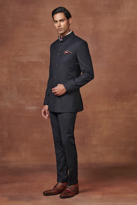 Shop_Raghavendra Rathore Jodhpur_Black Wool Ravens Regalia Bandhgala With Pant _Online_at_Aza_Fashions
