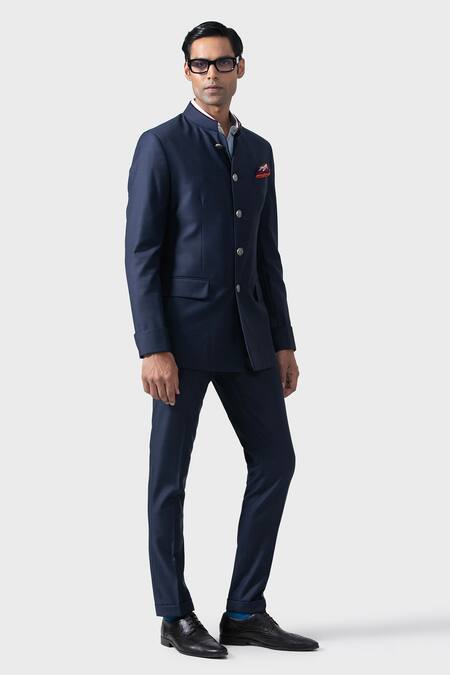 Raghavendra Rathore Jodhpur_Blue Wool Full Sleeve Bandhgala With Pant _Online_at_Aza_Fashions