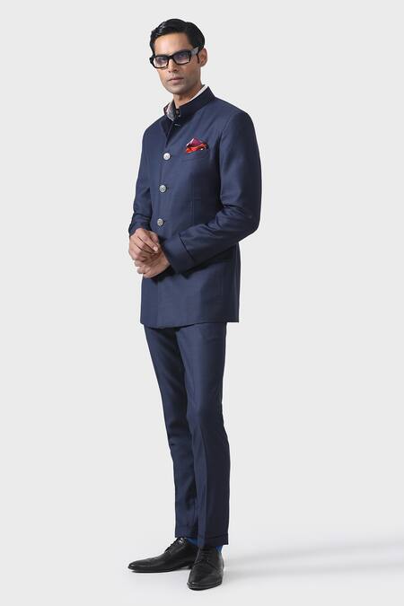 Buy_Raghavendra Rathore Jodhpur_Blue Wool Full Sleeve Bandhgala With Pant _Online_at_Aza_Fashions