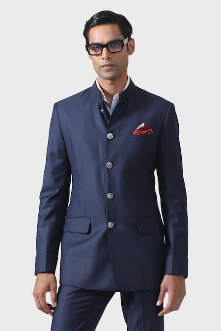 Shop_Raghavendra Rathore Jodhpur_Blue Wool Full Sleeve Bandhgala With Pant _Online_at_Aza_Fashions