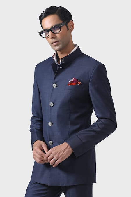 Raghavendra Rathore Jodhpur_Blue Wool Full Sleeve Bandhgala With Pant _at_Aza_Fashions