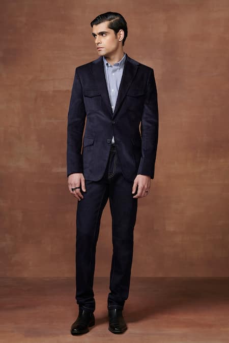 Raghavendra Rathore Jodhpur Blue Corduroy Plain Regal Explorer Hunting Jacket