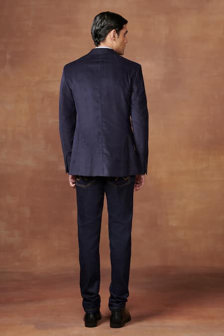 Shop Raghavendra Rathore Jodhpur Blue Corduroy Regal Explorer Hunting Jacket at Aza Fashions Shop_Raghavendra Rathore Jodhpur_Blue Corduroy Regal Explorer Hunting Jacket _at_Aza_Fashions