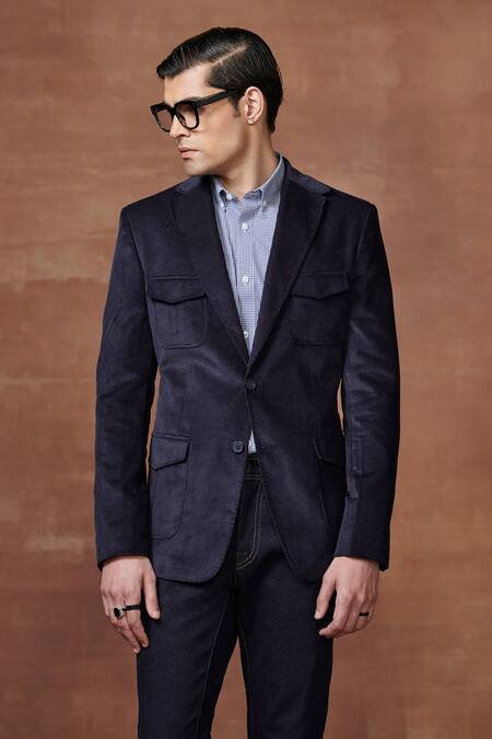 Raghavendra Rathore Jodhpur Blue Corduroy Regal Explorer Hunting Jacket Online at Aza Fashions Raghavendra Rathore Jodhpur_Blue Corduroy Regal Explorer Hunting Jacket _Online_at_Aza_Fashions