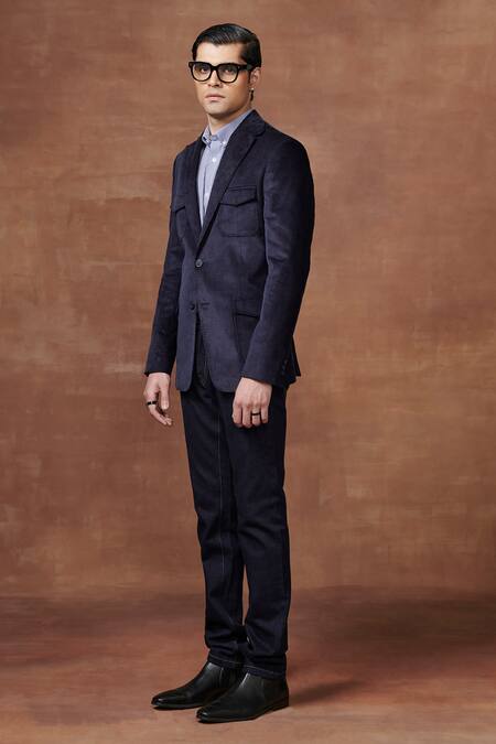 Buy Raghavendra Rathore Jodhpur Blue Corduroy Regal Explorer Hunting Jacket Online at Aza Fashions Buy_Raghavendra Rathore Jodhpur_Blue Corduroy Regal Explorer Hunting Jacket _Online_at_Aza_Fashions