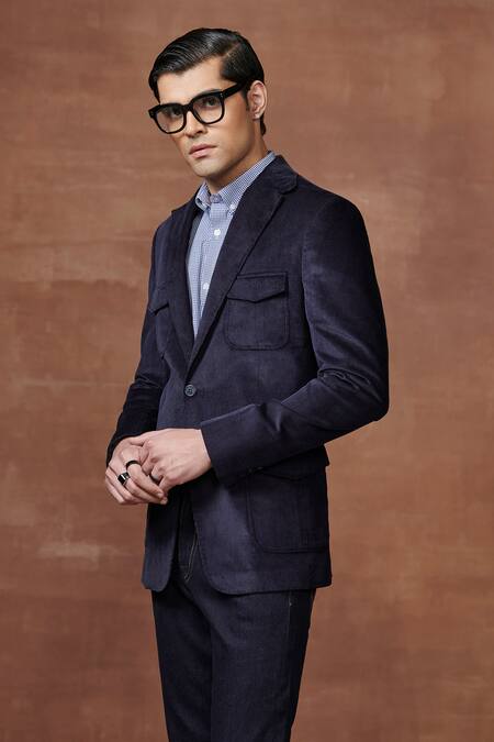 Shop Raghavendra Rathore Jodhpur Blue Corduroy Regal Explorer Hunting Jacket Online at Aza Fashions Shop_Raghavendra Rathore Jodhpur_Blue Corduroy Regal Explorer Hunting Jacket _Online_at_Aza_Fashions