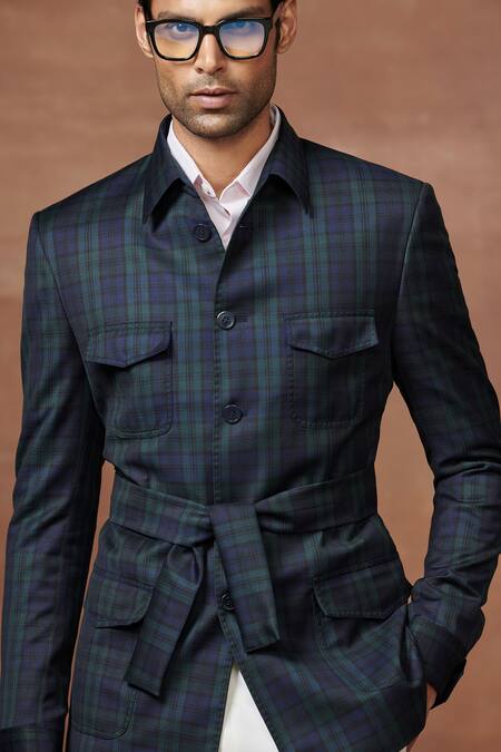 Shop_Raghavendra Rathore Jodhpur_Green Wool Elite Hunting Jacket _Online_at_Aza_Fashions