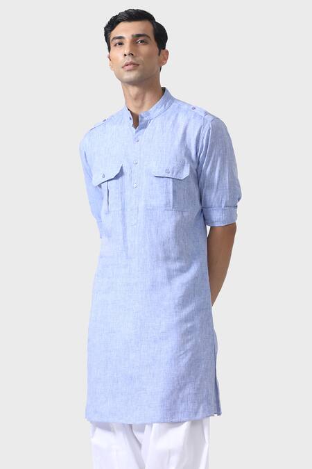 Shop_Raghavendra Rathore Jodhpur_Blue Cotton Regal Kurta _Online_at_Aza_Fashions