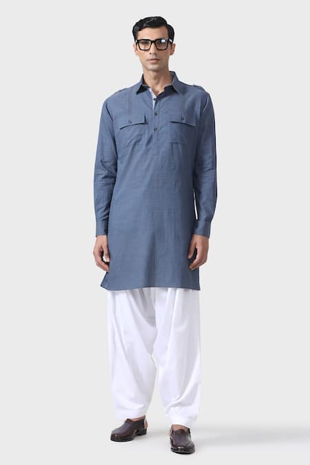 Raghavendra Rathore Jodhpur Blue Cotton Regal Straight Kurta 