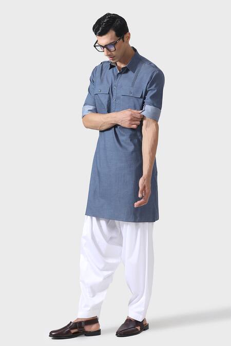 Shop_Raghavendra Rathore Jodhpur_Blue Cotton Regal Straight Kurta _Online_at_Aza_Fashions