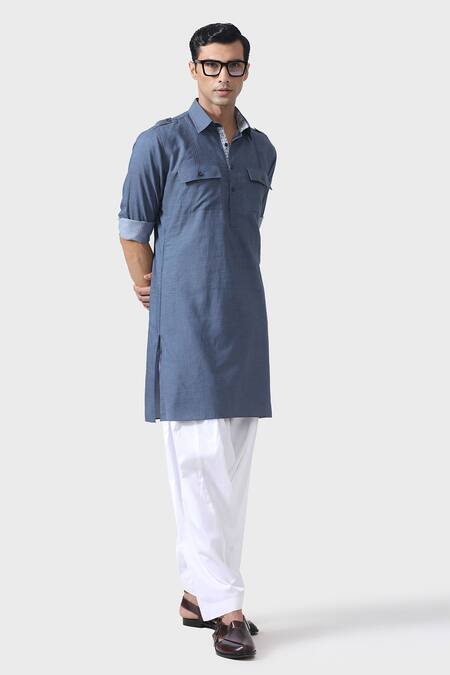 Raghavendra Rathore Jodhpur_Blue Cotton Regal Straight Kurta _at_Aza_Fashions
