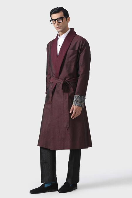 Raghavendra Rathore Jodhpur_Maroon Silk Robe Jacket _Online_at_Aza_Fashions