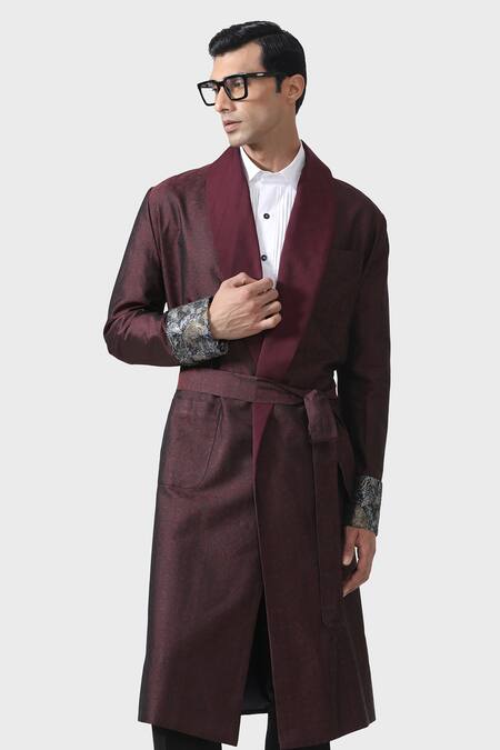Shop_Raghavendra Rathore Jodhpur_Maroon Silk Robe Jacket _Online_at_Aza_Fashions