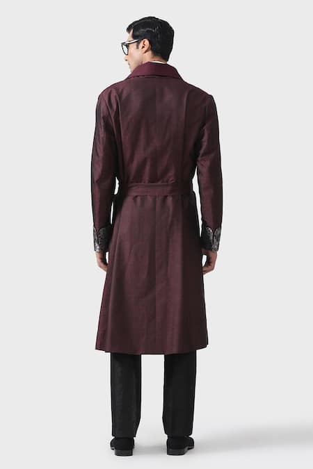 Shop_Raghavendra Rathore Jodhpur_Maroon Silk Robe Jacket _at_Aza_Fashions