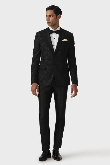 Raghavendra Rathore Jodhpur_Black Brocade Embroidery Luxe Blended Tuxedo Jacket _Online_at_Aza_Fashions