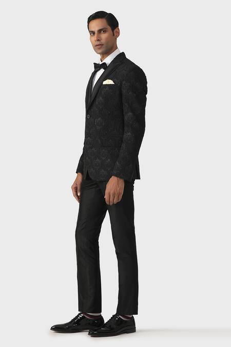 Buy_Raghavendra Rathore Jodhpur_Black Brocade Embroidery Luxe Blended Tuxedo Jacket _Online_at_Aza_Fashions