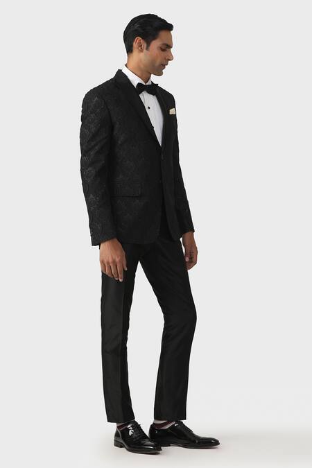 Shop_Raghavendra Rathore Jodhpur_Black Brocade Embroidery Luxe Blended Tuxedo Jacket _Online_at_Aza_Fashions
