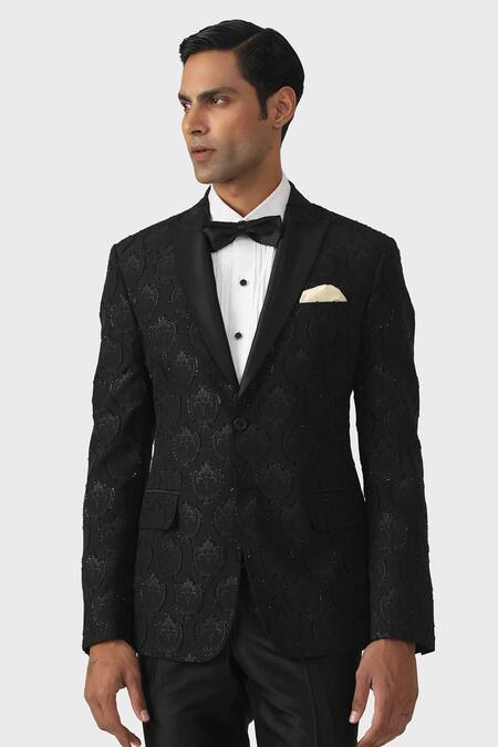 Raghavendra Rathore Jodhpur_Black Brocade Embroidery Luxe Blended Tuxedo Jacket _at_Aza_Fashions