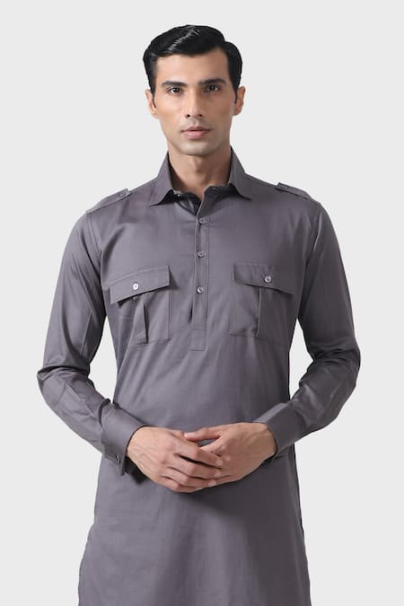 Raghavendra Rathore Jodhpur_Grey Cotton Elite Bespoke Pathani Kurta With Salwar _Online_at_Aza_Fashions