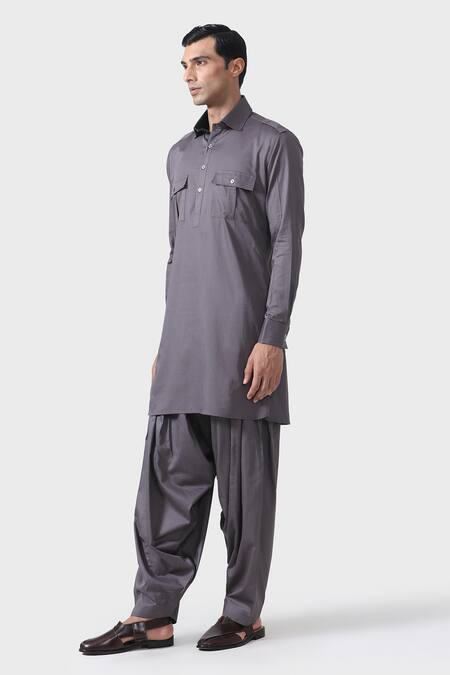 Buy_Raghavendra Rathore Jodhpur_Grey Cotton Elite Bespoke Pathani Kurta With Salwar _Online_at_Aza_Fashions