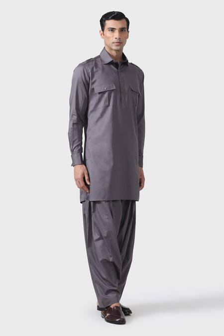 Shop_Raghavendra Rathore Jodhpur_Grey Cotton Elite Bespoke Pathani Kurta With Salwar _Online_at_Aza_Fashions