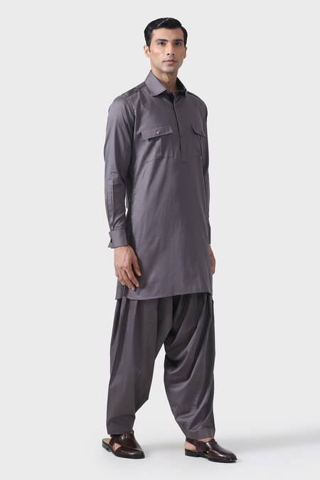 Raghavendra Rathore Jodhpur_Grey Cotton Elite Bespoke Pathani Kurta With Salwar _at_Aza_Fashions