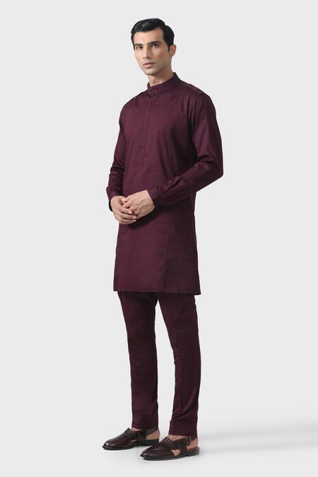 Raghavendra Rathore Jodhpur_Maroon Cotton Elite Bespoke Pathani Kurta _Online_at_Aza_Fashions