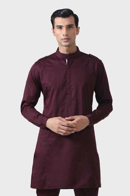 Shop_Raghavendra Rathore Jodhpur_Maroon Cotton Elite Bespoke Pathani Kurta _Online_at_Aza_Fashions
