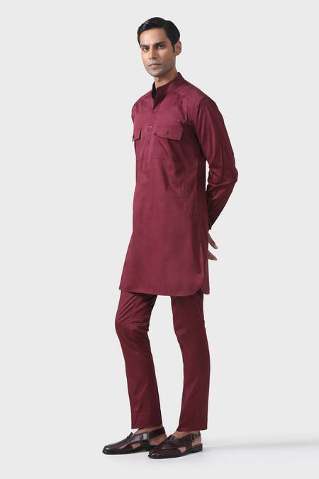 Raghavendra Rathore Jodhpur_Maroon Cotton Elite Bespoke Pathani Kurta Set _Online_at_Aza_Fashions