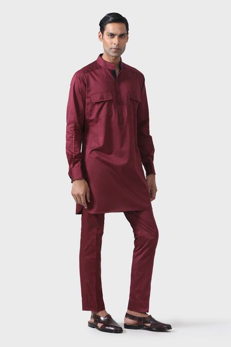 Buy_Raghavendra Rathore Jodhpur_Maroon Cotton Elite Bespoke Pathani Kurta Set _Online_at_Aza_Fashions