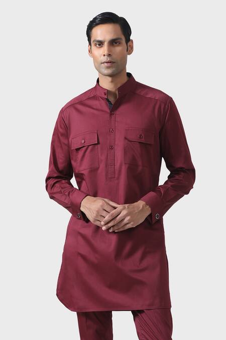 Raghavendra Rathore Jodhpur_Maroon Cotton Elite Bespoke Pathani Kurta Set _at_Aza_Fashions
