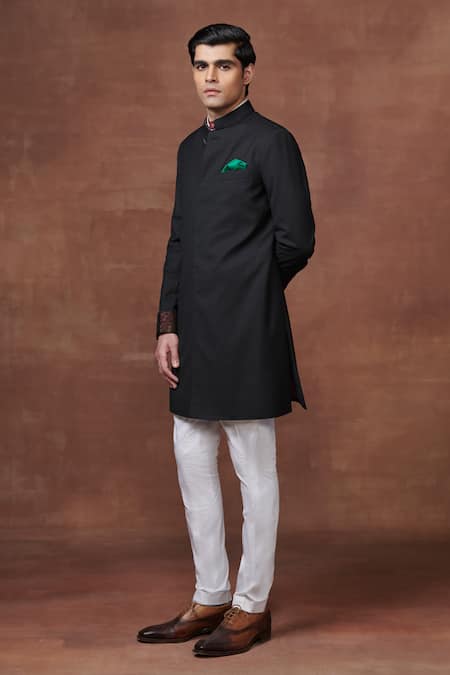 Shop Raghavendra Rathore Jodhpur Black Wool Elite Elegance Textured Achkan at Aza Fashions Shop_Raghavendra Rathore Jodhpur_Black Wool Elite Elegance Textured Achkan _at_Aza_Fashions