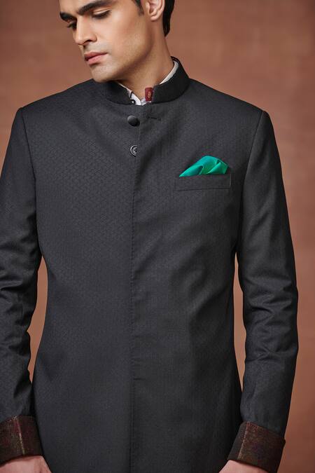 Raghavendra Rathore Jodhpur Black Wool Elite Elegance Textured Achkan Online at Aza Fashions Raghavendra Rathore Jodhpur_Black Wool Elite Elegance Textured Achkan _Online_at_Aza_Fashions