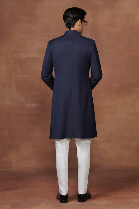 Shop Raghavendra Rathore Jodhpur Blue Wool Odyssey Charm Textured Achkan at Aza Fashions Shop_Raghavendra Rathore Jodhpur_Blue Wool Odyssey Charm Textured Achkan _at_Aza_Fashions