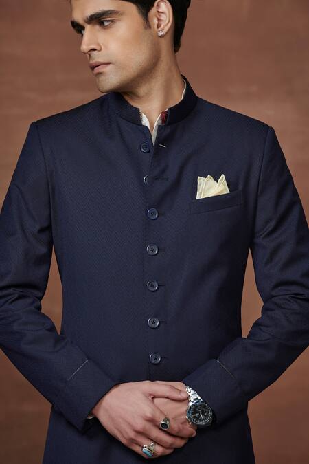 Raghavendra Rathore Jodhpur Blue Wool Odyssey Charm Textured Achkan Online at Aza Fashions Raghavendra Rathore Jodhpur_Blue Wool Odyssey Charm Textured Achkan _Online_at_Aza_Fashions