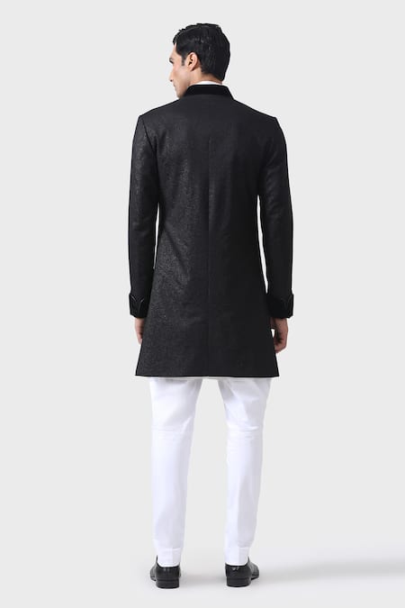 Shop Raghavendra Rathore Jodhpur Black Suede Elite Elegance Textured Short Achkan at Aza Fashions Shop_Raghavendra Rathore Jodhpur_Black Suede Elite Elegance Textured Short Achkan _at_Aza_Fashions