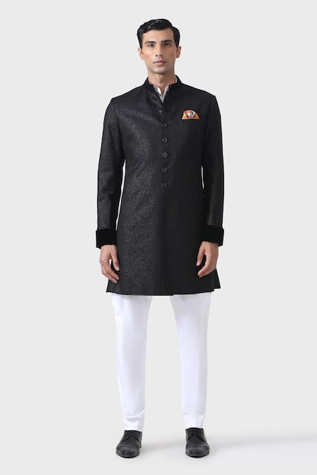 Raghavendra Rathore Jodhpur_Black Suede Elite Elegance Textured Short Achkan _Online_at_Aza_Fashions