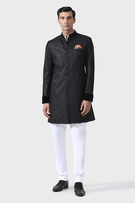 Buy_Raghavendra Rathore Jodhpur_Black Suede Elite Elegance Textured Short Achkan _Online_at_Aza_Fashions