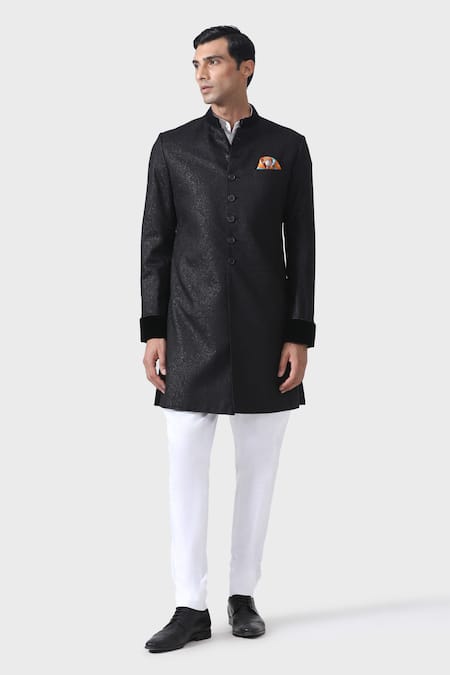 Shop_Raghavendra Rathore Jodhpur_Black Suede Elite Elegance Textured Short Achkan _Online_at_Aza_Fashions